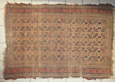 Antique Red, Brown, Blue Persian  prayer rug 50" x 34 "  worn - Image 1 of 4