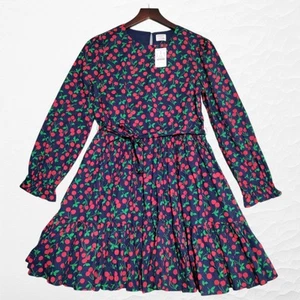 J. Crew Crewcuts Girl’s Size 14 Blue Cherry Dress Long Sleeves Lined Spring NEW - Picture 1 of 15