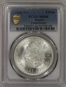 1948 Mo Mexico Silver 5 Pesos Coin PCGS MS66 Cuauhtemoc KM#465 - Picture 1 of 4