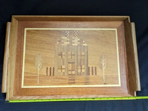 Vintage Inlaid Wood Tray Marquetry Building Trees 18" x 12" Phillipines - Picture 1 of 5