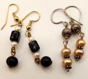 Earrings Lot Of 2 Pierced Dangle Gold Tone Pearl Onyx Brass 1.5 Inches Long Boho - Picture 1 of 7