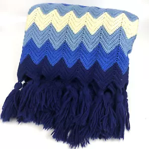 VTG HAND CROCHETED AFGHAN Blues & Cream Chevron w TASSLES 48x90 WARM COMFY - Picture 1 of 6