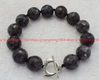 Mode 14mm Facettiert Grau Schwarz Labradorit Runde Edelstein Perlen Armband 19cm - Bild 1 von 3