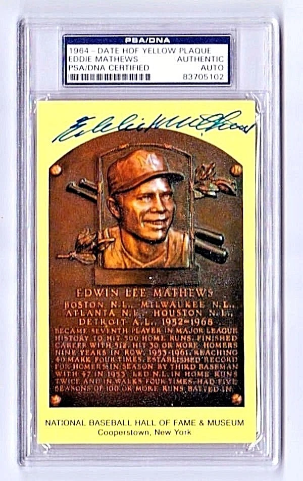 1964 Eddie Mathews Signed Yellow HOF Plaque PSA/DNA Slabbed 83705102 - Image 1 of 1