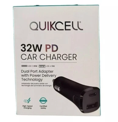 NEW QUIKCELL 32W PD High Speed Power Delivery, Dual 2 Port CAR CHARGER - Image 1 of 3
