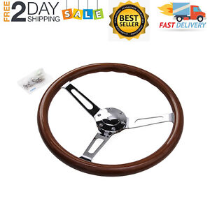 15 inch Wooden Grain Silver Brushed Spoke Steering Wheel classic Wood+Horn new