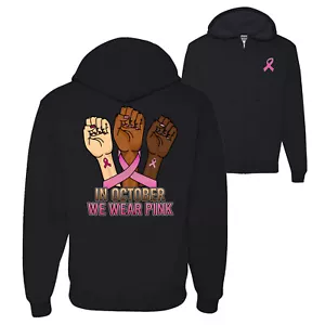 In October We Wear rosa Protestfäuste grafischer Hoodie-Sweatshirt mit Reißverschluss - Bild 1 von 3