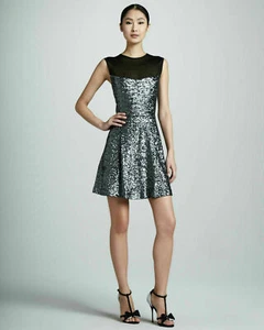 NWT Nicole Miller Sequin Illusion Neck in Silver Sheer Back Pleated Dress $365 - Picture 1 of 7