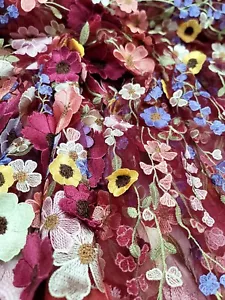 3d Multicolor Lace Fabric By The Yard Embroidery Floral Flowers On Burgundy Mesh - Picture 1 of 11