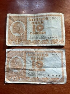 1972 & 1965 Norway 10 Ten Kroner, Norges Bank, Christian Michelsen, Ship 2 notes - Picture 1 of 4
