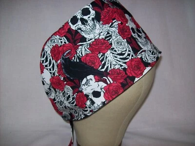 Men/Women Surgical Scrub Cap Lined  Skeleton's and Red Roses & Crows 100% Cotton - Image 1 of 4