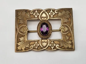 Vintage/Antique Nouveau Brass Brooch, Purple Glass Stone, Victorian Brooch/Pin - Picture 1 of 8