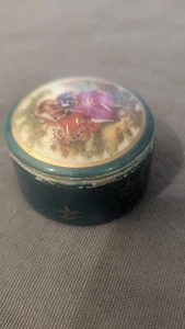 French Limoges Trinket Box Antique Couple Blue Enamel Top Jewelry - Picture 1 of 13