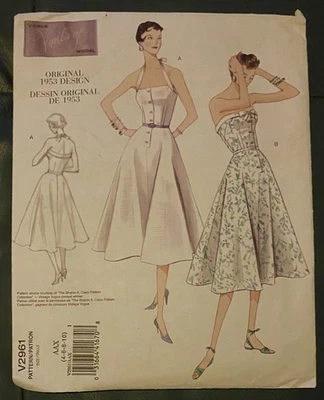 UNCUT Vintage Vogue 1950s sewing pattern V2961 halterneck dress 4-6-8-10 - Image 1 of 2