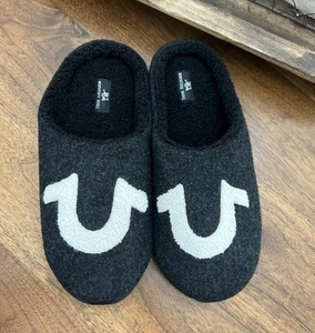 True Religion Slippers Men's M Size 11 12 Faux Wool Black Dark Gray White Logo - Picture 1 of 6