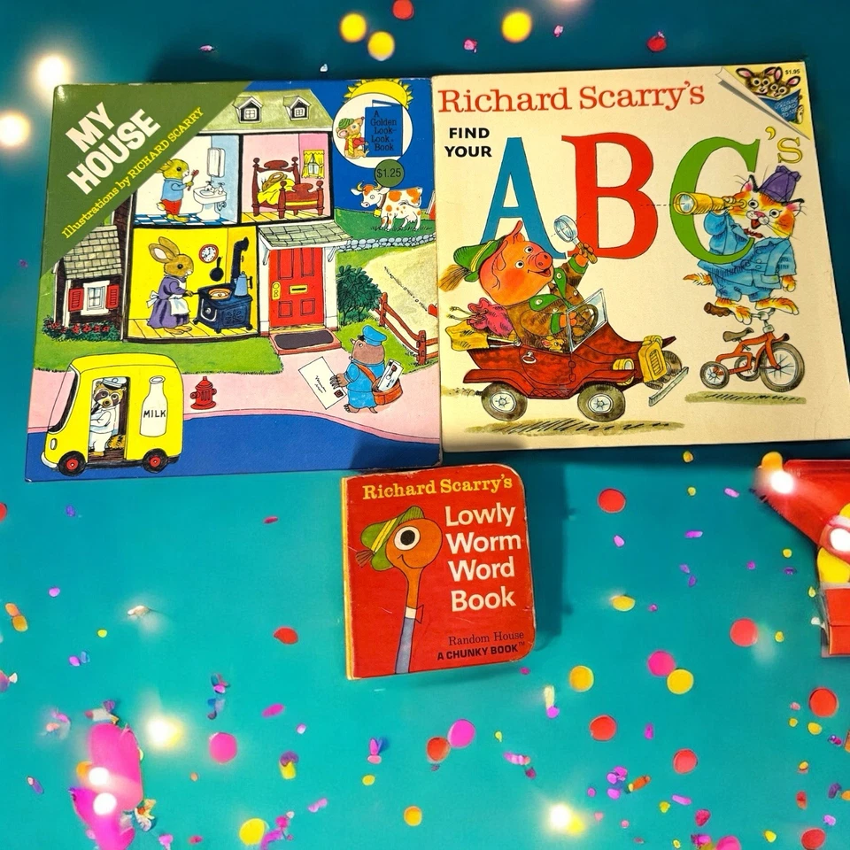 VTG Richard Scarry Books Find Your ABCs My House Lowly Worm Word Book Lot of 3 Foto 1 de 4