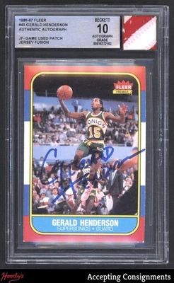 Camiseta Fleer #45 1986-87 Gerald Henderson Fusion parche usado en el juego BGS 10 AUTO Foto 1 de 2