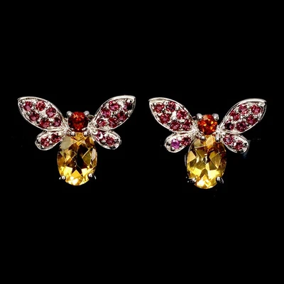 Black Friday Sterling Silver Earrings Oval Citrine 8x6mm Rhodolite Bee Jewelry - Image 1 of 4