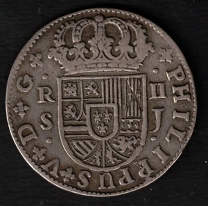 ESPAÑA MONEDA 2 REALES FELIPE V 1722 J SEVILLA - Imagen 1 de 2