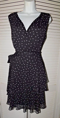 Vestido forrado Tahari talla 10 negro a lunares en capas cuello en V con cinturón para mujer Foto 1 de 4