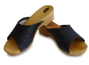 Damen Holz Clogs Leder Sandalen Pantoletten Holzschuhe schwarz - Bild 1 von 4
