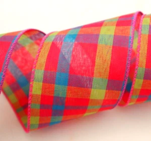5 yards Pink Blue Green Plaid  2 1/2" Wired Ribbon Easter Spring 5yds - Picture 1 of 1