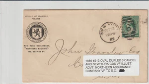 1889 #213 Oval Duplex 6 cancel New York Cds VF Advt Northern Assurance (A77) - Picture 1 of 2