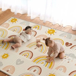 Blissful Diary Baby Play Mat - Reversible 79x71x.4 Inch - Rainbow Stripes - Picture 1 of 7