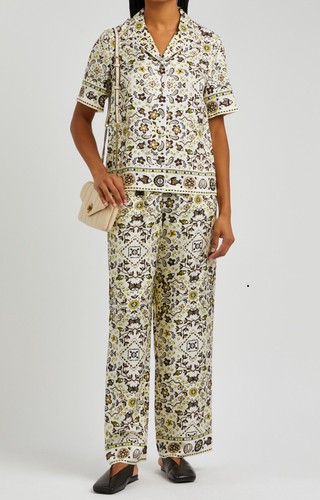 Camicia di seta stampata Tory Burch 8 avorio pesci sogno pigiama vestito twill di seta