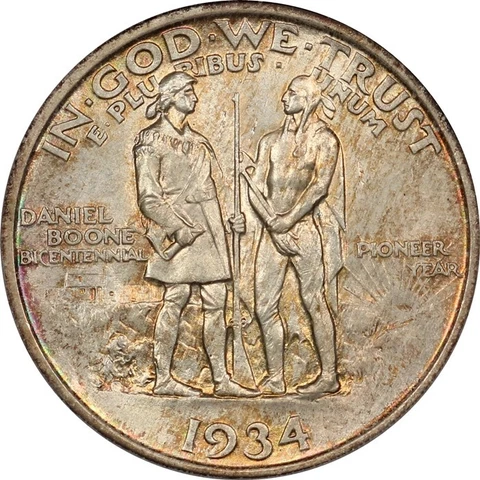1934 Gem BU Boone Commemorative Half Dollar, PCGS MS65 CAC, Nice Color, OBH! Cover