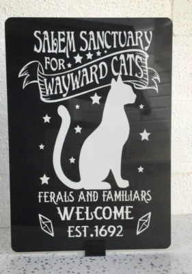 Rustic Primitive Metal Halloween salem sanctuary cats ferrals sign plaque - Image 1 of 2