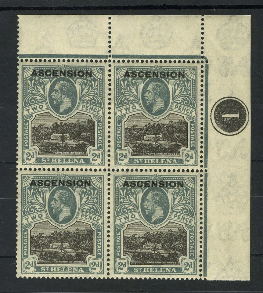 M1367 Ascension 1922 SG4 - 2d black & grey in a corner PLATE (1) block of 4. - Изображение 1 из 2