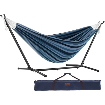 Double Cotton Hammock with Space Saving Steel Stand, Upgraded Polyester End S... - Image 1 of 4