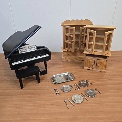 Dollhouse Wood Living Room Set Grand Piano China Cabinet Dishes 1:12 Scale - Image 1 of 4