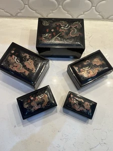 Antique Foochow, China  Laquer Nesting Box Set Black With Gold Painted Dragon - Picture 1 of 18