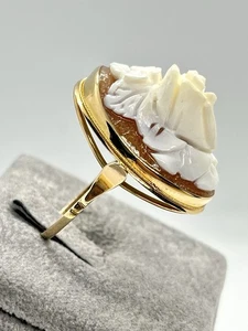 Anello In Oro 14kt Con Rosa Incisa A Mano Su Cammeo Sardonico 25mm Ovale - Picture 1 of 8