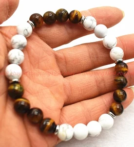 Natürliche 8mm Gelb Tiger Auge Weiß Türkis Edelstein Runde Perlen Armband 7.5in - Bild 1 von 12