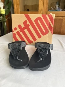 Fitflop Leather Upper Sandal Pewter Metallic With Fringe From Top To Toe Post - Picture 1 of 3