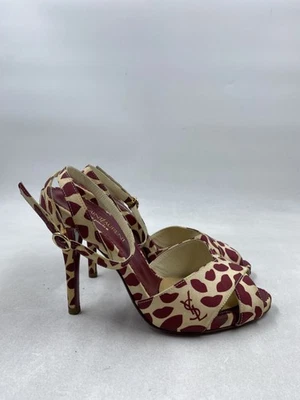 Yves Saint Laurent Red Beige Animal Print Leather Strappy High Heel W 6 - Image 1 of 4