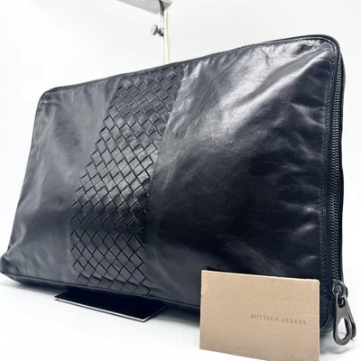 BOTTEGA VENETA Intrecciato Leather Clutch Bag Black Large A4 Round Zip - Image 1 of 4