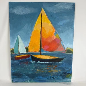 Original Art Sailboat Ocean Landscape Painting Acrylic Colorful Canvas Brd 14x18 - Picture 1 of 10