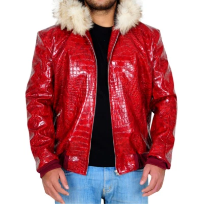 Men's Red Real Leather Crocodile Pattern Jacket Biker Motorcycle Fur Hood - Image 1 of 4