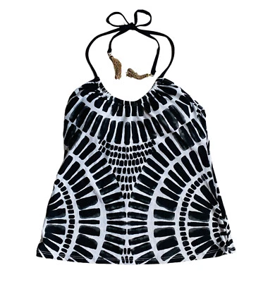 Top de Natación Tankini Trina Turk Argel Talla 4 Halter Negro Blanco Estampado Borlas Foto 1 de 4