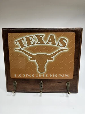 TEXAS LONGHORNS Rustic Wood Man Cave Home Office wall decor key hanger holder - Image 1 of 4