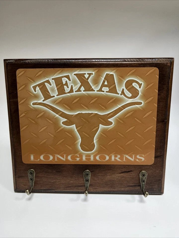 TEXAS LONGHORNS Rustic Wood Man Cave Home Office wall decor key hanger holder - Image 1 of 4