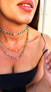 Beaded Gemstone Necklace Boho Bead Choker  Dalmatian Green Aventurine White Jade - Picture 1 of 11