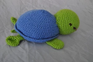 Handmade Knitted Turtle Green and Blue in Color Size 13 by 13 - Picture 1 of 12