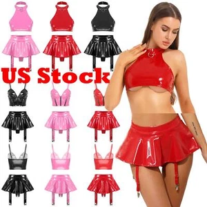 Conjunto de lencería corta de cuero con faldas de aspecto húmedo para mujer 2 piezas para club nocturno - Imagen 1 de 60