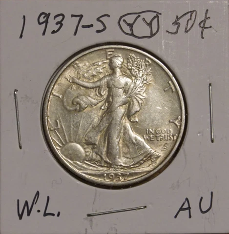 1937-S WALKING LIBERTY HALF DOLLAR-AU+  *ABOUT UNCIRCULATED *     MINOR TONE Cover