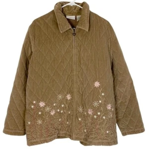 Vintage 90s Quilted Jacket WomenPlus Size 16 Tan Velvet Pink Embroidered Floral - Picture 1 of 12